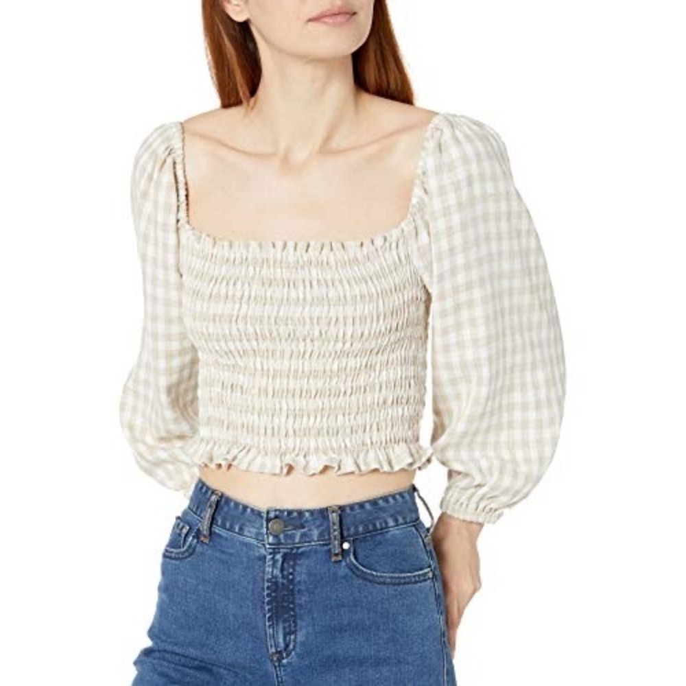 Rachel Pally Tan Gingham Smocked Crop Top Puff Sleeve Linen Blend Small